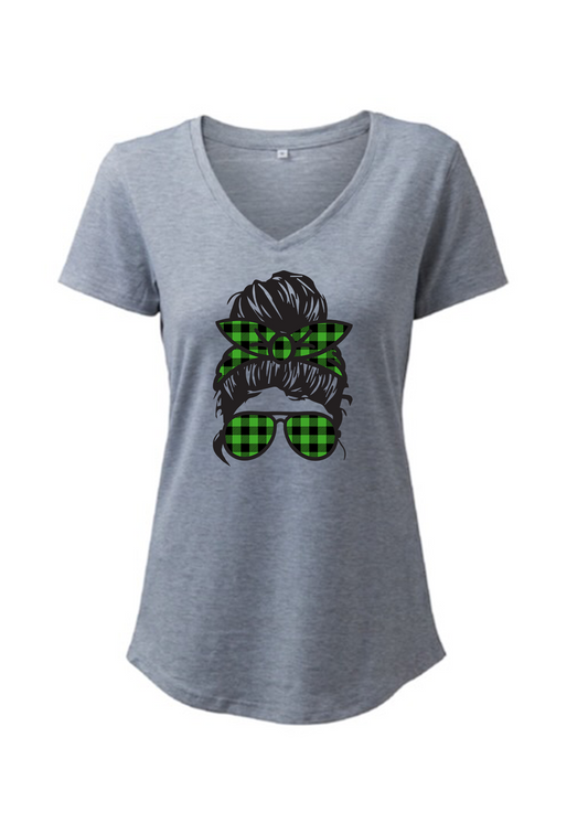Messy Bun Green Plaid T-Shirt