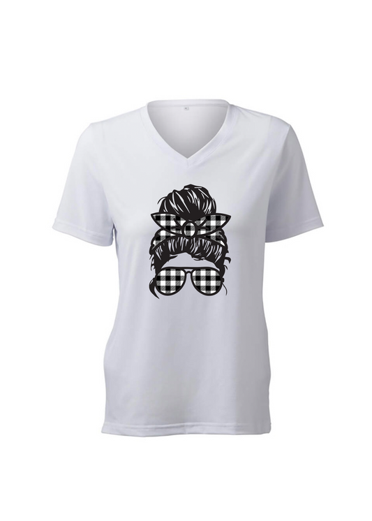 Messy Bun White & Black Plaid T-Shirt